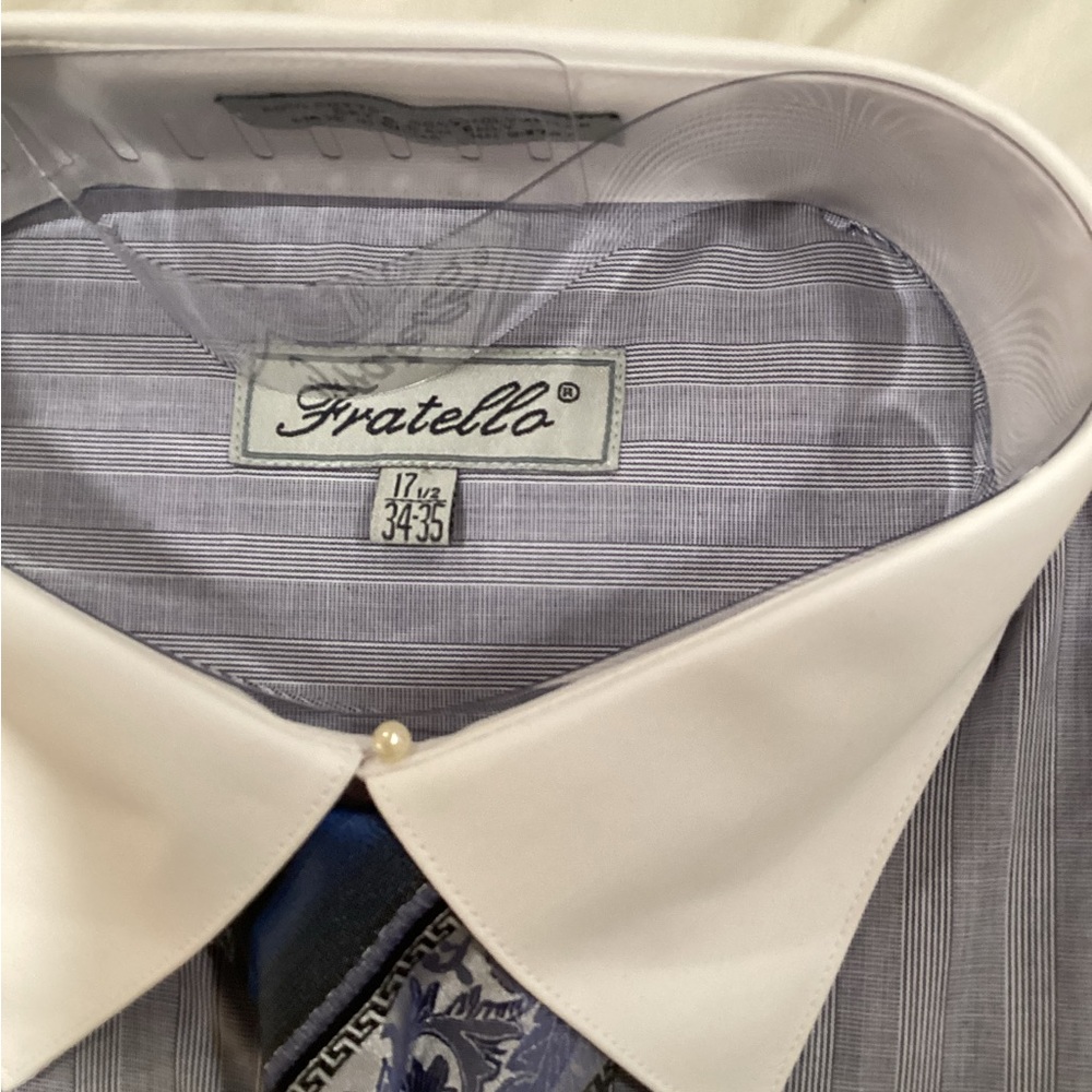 Fratello Men's Striped Blue Dress Shirt with Tie - Picture 3 of 6